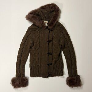 Y2K Toggle-Front Cable Knit Sweater Jacket with Rabbit Fur‎ Trim